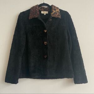 Cache Black Furry Leopard Collard Button Up  Shirt Jacket